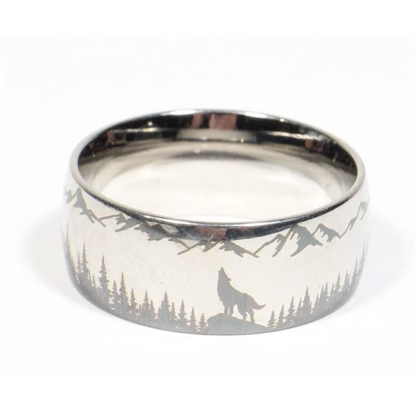 NEW SIZE 7 STAINLESS STEEL WOLF AND FOREST DESIGN