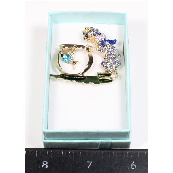 NEW BLUE RHINESTONE CAT WITH FISH BOWL BROOCH