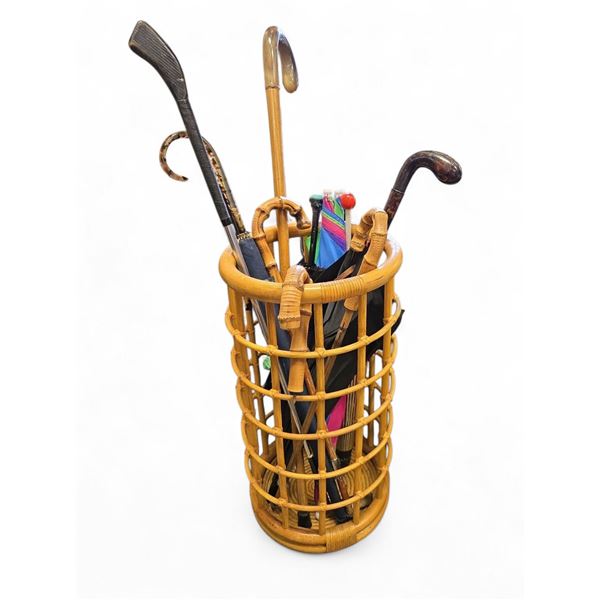 Bamboo Umbrella Stand and Contents (Umbrellas, Canes and a Vintage Putter)