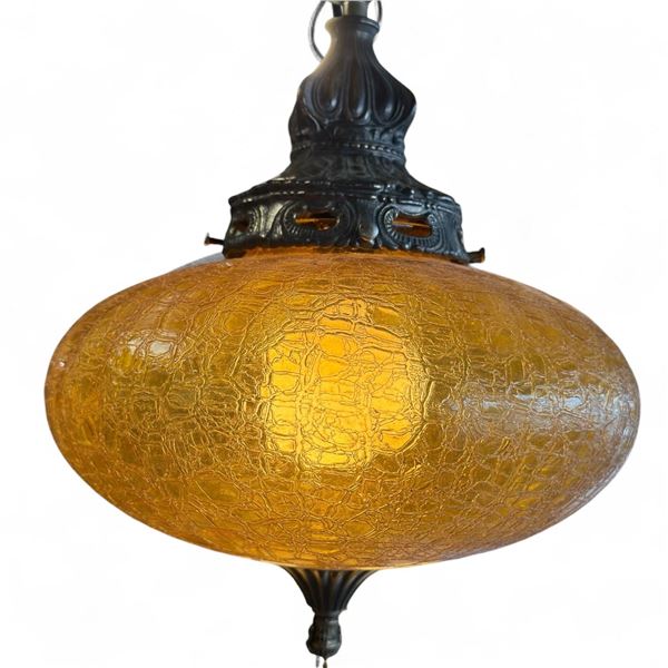1970s Swag  Lamp with Amber Glass Crackle Shade - Tested and Working