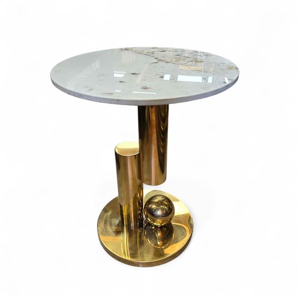 Modern Marble Topped Brass Side Table ( "19 Tall X 16" Diameter)