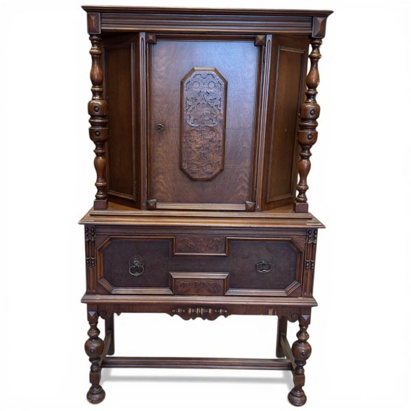 1920s Jacobean Revival Oak Cabinet (20" X 38" X 63" Tall)