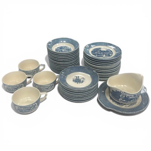15 Dessert Bowls & Plates Plus 4 Coffee Cups and a Sauce Bowl with Currier & Ives Designs