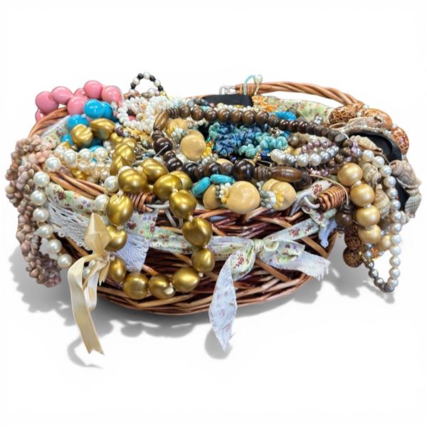 Wicker Basket Full of Beaded Fashion & Costume Jewelry
