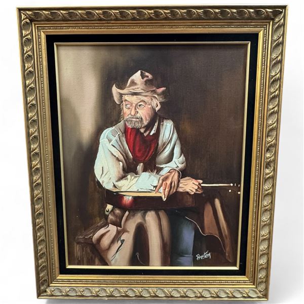 Signed Original David Preston Oil on Canvas Painting "Portrait of Cowboy with Guitar" Frame dimensi