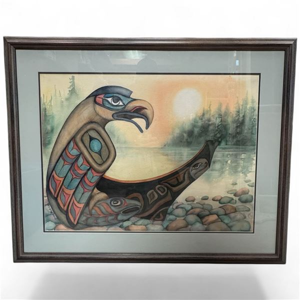 Gwen Butcher Framed Print "Eagle, Pole, Canoe" * Double matted with frame dimensions: 39" x 30"