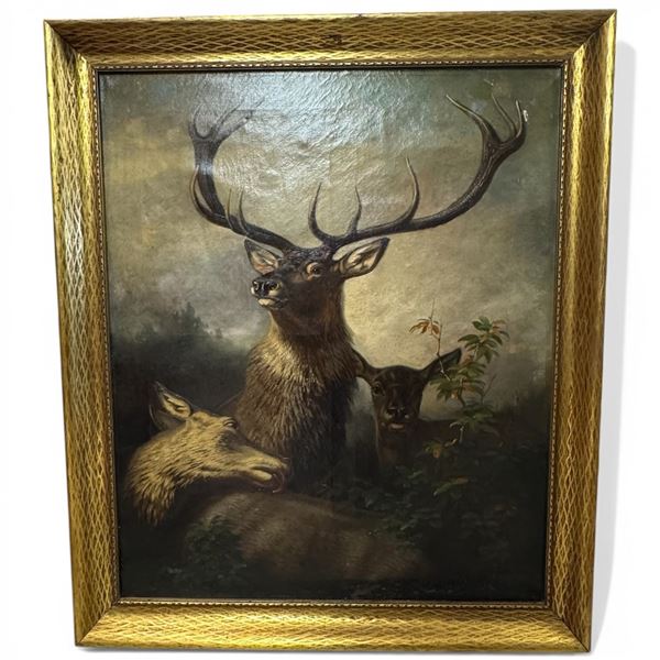 E. Lotichius Cronberg (German, 19th Century) Stag 1874 Oil on Canvas Framed Original