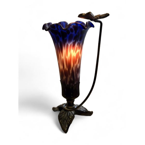 Glass Shade Lily Lamp with Cast Metal Base & Butterfly (7" Tall X 3" Diameter)