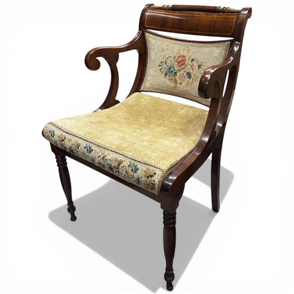 English Regency Scroll Arm Mahogany Carver Chair with Tapestry Upholstery