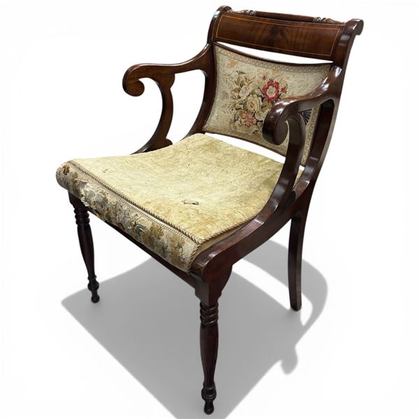 English Regency Scroll Arm Mahogany Carver Chair with Tapestry Upholstery