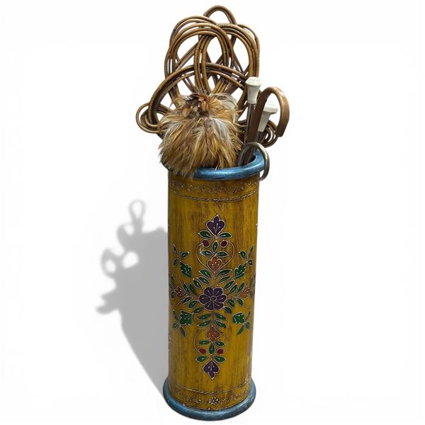 Painted Wood Umbrella Stand with Contents (Batons, Wicker Rug Beater, Feather Duster and More)