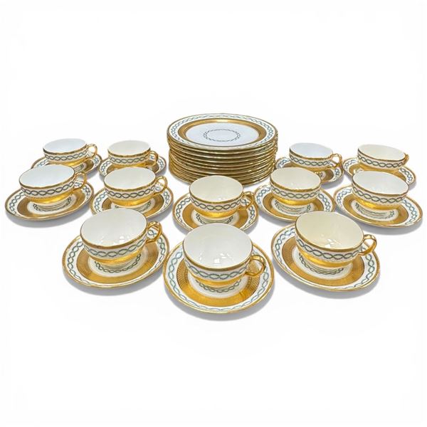 Vintage Minton Green & Gold China * 12 Dinner Plates (9") and 12 Cups with Saucers