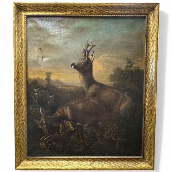 E. Lotichius Cronberg (German, 19th Century) Deer in Forest 1874 Oil on Canvas Framed Original