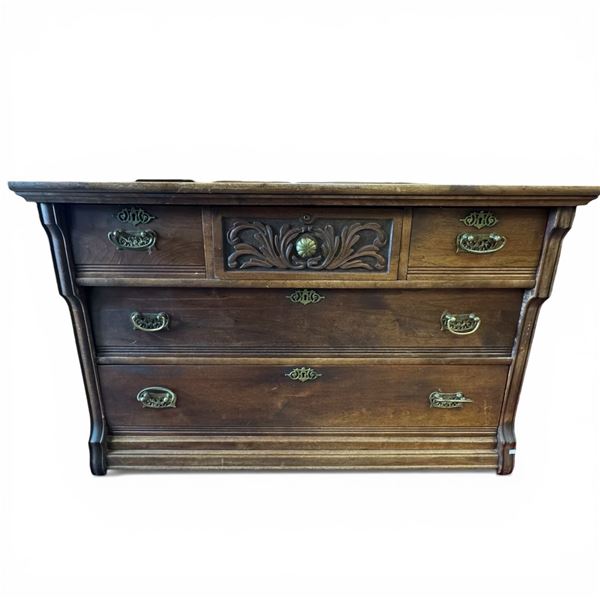Antique Eastlake Oak Five-Drawer Dresser with Brass Pulls (22" x 48" x 30" tall) Companion piece to