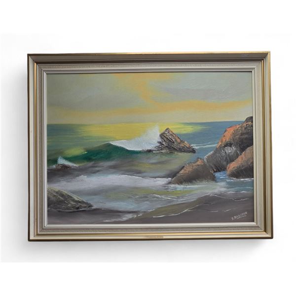 E. Rabjohn Signed Original Oil Painting "Pacific Sunset West Coat Vancouver Island" (Framed Dimensio