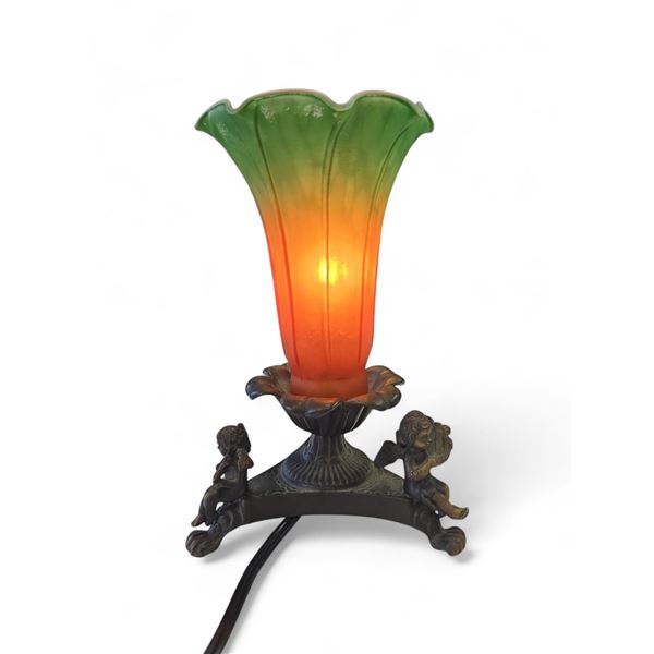 Vintage Hand Painted Tulip Glass Lamp with Angel on the Base (7.5" Tall with a  4" Diameter Shade)