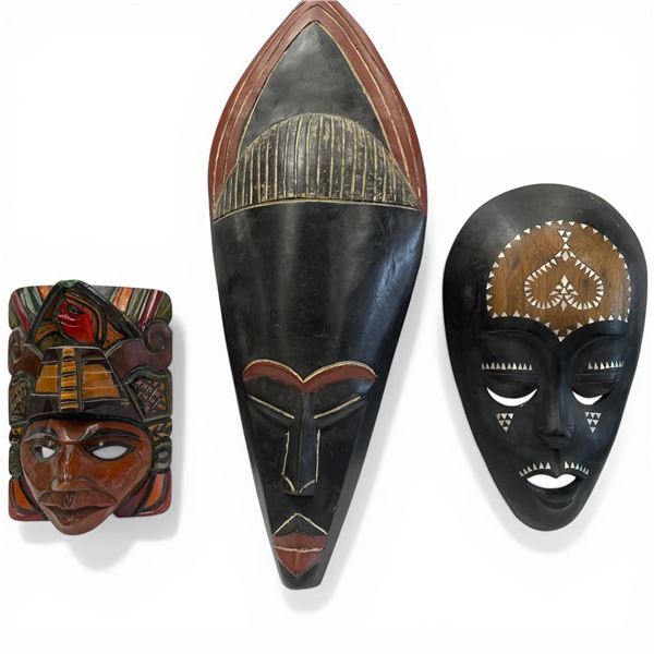 3 Carved Wood Wall Masks (1 Guatemalan and 2 West African)