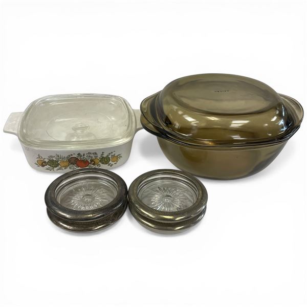 Corningware  Casserole, 2 Glass Bowls and 4 Silver Plated Glass Coasters