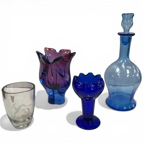 3 Vintage Art Glass Vases & 1 Decanter (Blue decanter is 14" tall at the top of the stopper)