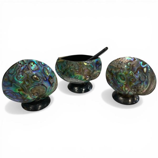 3 Genuine Ataahua New Zealand Paua Shell Tableware (Salt, Pepper & Salt Cellar * Largest is 2.5" s 2