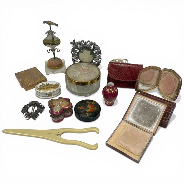 Group of Vintage Leather Compacts, Glove Stretcher, Trinket Boxes and More