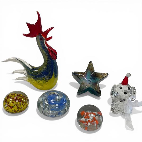 Art Glass Rooster, Star Paperweight, 3 Clear Paperweights and a Crystal Dog (Rooster is 7" tall x 7"