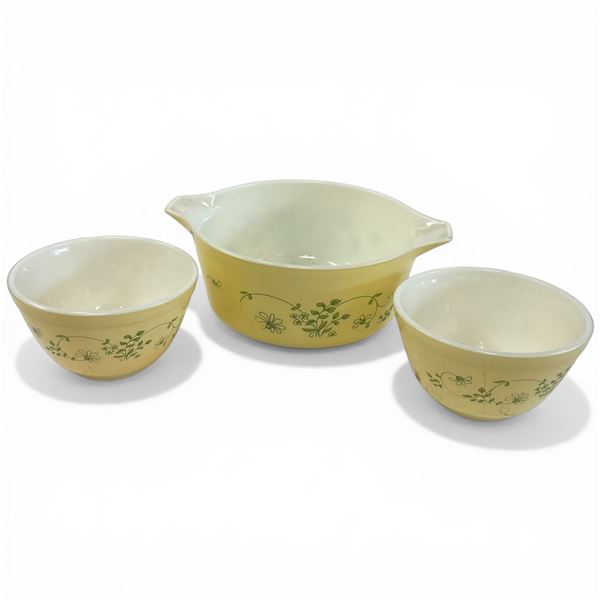 1970s Pyrex "Shenandoah AKA Wintergreen" 9" Tab Handle Mixing Bowl & Two 5.5" Bowls