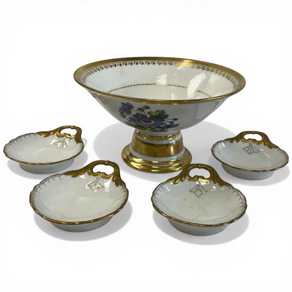 Vintage China Pedestal Compote Bowl with 4 Scalloped 4" Dishes