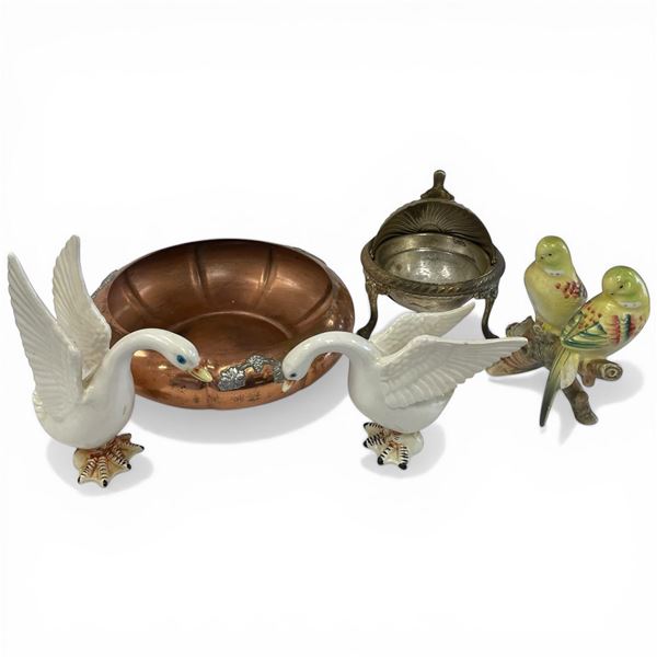 Copper Bowl, Silver Plated Butter Dish, and Japanese Bird Figurines