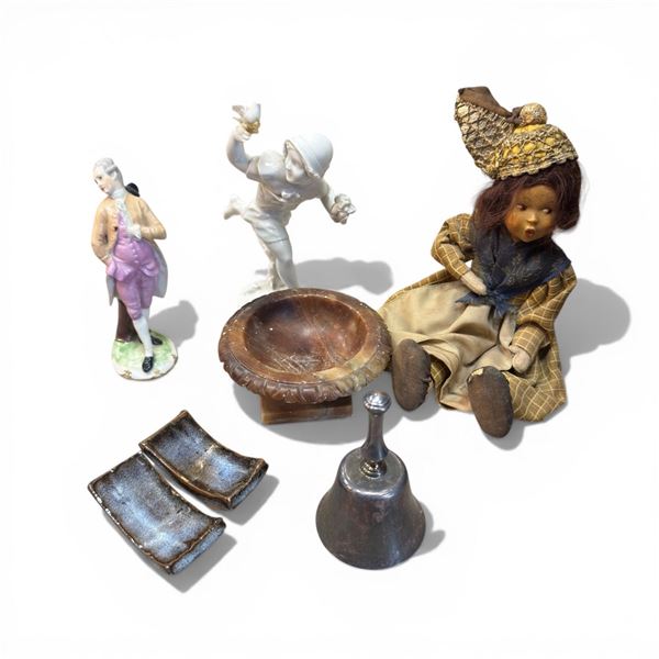 Group of Small Collectibles * Silver Plated 4" Bell, 7" Antique Seated Doll, Chop Stick Rests and St