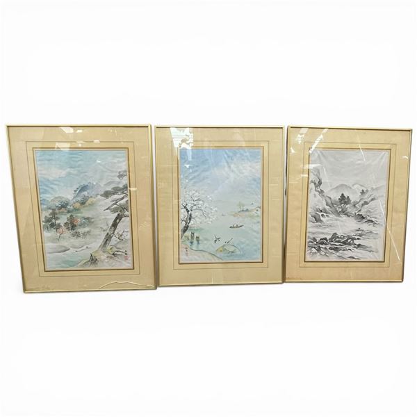 3 Framed Vintage Japanese Prints * 1 is Ink Wash Style (Framed Dimensions: 18" X 22" * One Glass is
