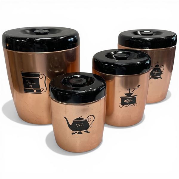 Set of 4 Vintage Copper Canisters with Enameled Lids by West Bend USA