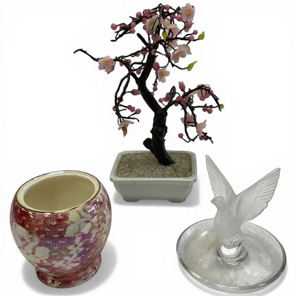 Crystal Ring Holder, 9" Cherry Tree Ornament, and Sugar Bowl with no lid