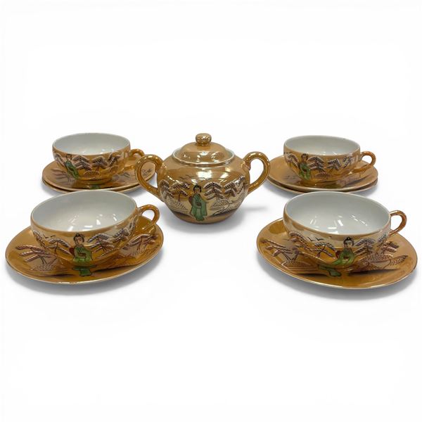 1960s Lusterware/Satsuma Set with 5 Teacups, 6 Saucers and a Lidded Sugar Bowl