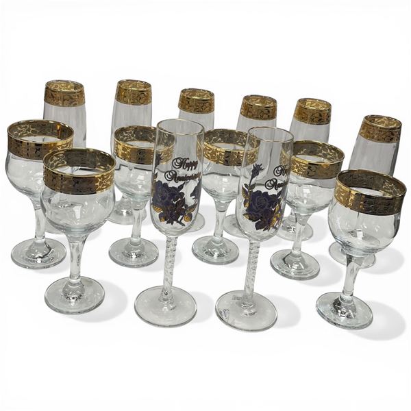 Set of 12 Gold Rimmed Crystal Wine Glasses & Flutes, Believed to Be Pasabahce, Turkey (Includes a Pa