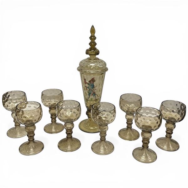 Early 20th Century Moser-Style Amber Glass Set * 8 Glasses and a Lidded Decanter