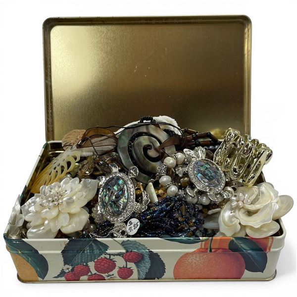 Tin Full of Fashion, Bead and Costume Jewelry (Tin is 5.5" X 9" X 205" Deep)