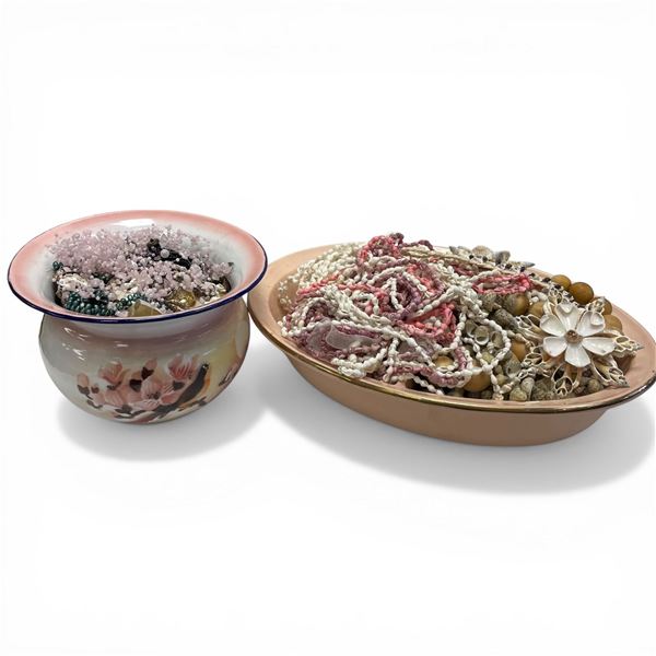 Glazed Ceramic Bowl and Dish Full of Bead and Shell Jewelry (Oval Dish is 11" X 14" X 4" Deep)