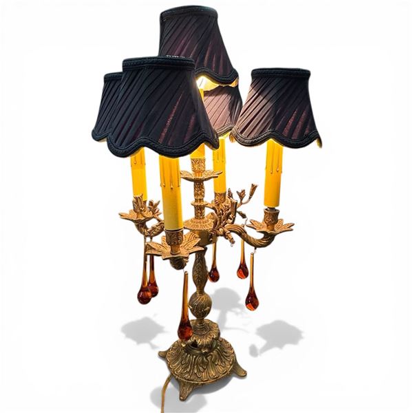 Brass Five Shade Electric Candelabra with Art Glass Drops (24" Tall X 12" Diameter) Tested and Worki
