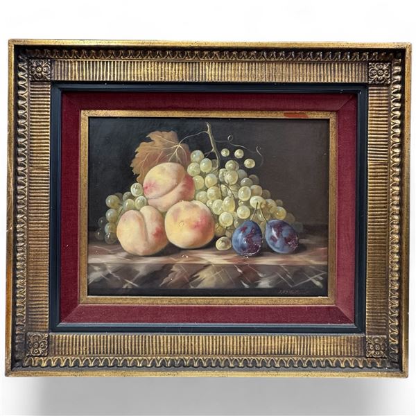 Still Life on Board of Peaches, Grapes and Plums * Signed J.F.J. Nagtegaal" 1920-2000  (Framed dimen