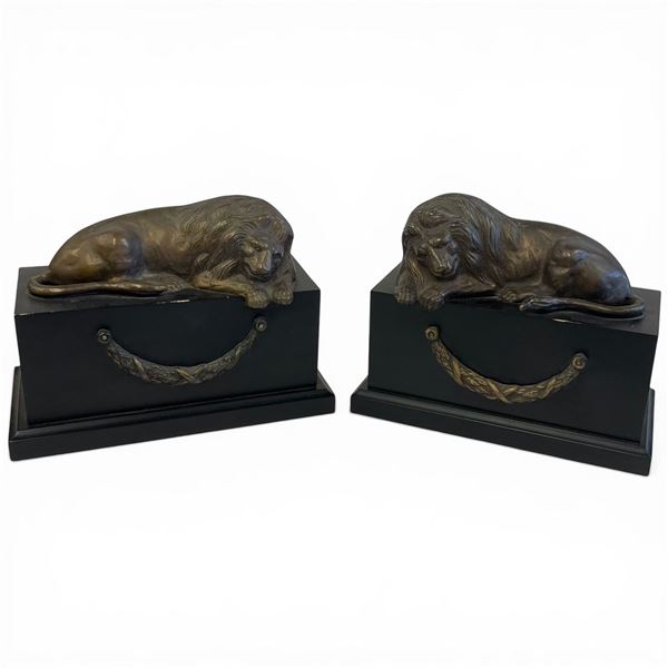 Pair of "Lion of Lucerne" Bronze Tone Bookends with Black Resin Bases (4" X 9" X 7" Tall)