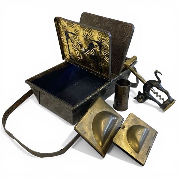 Vintage Metal Basket with Black Cat Corkscrew, Metal Shot Glass & More (Basket is 6" X 9" X 3" Tall)