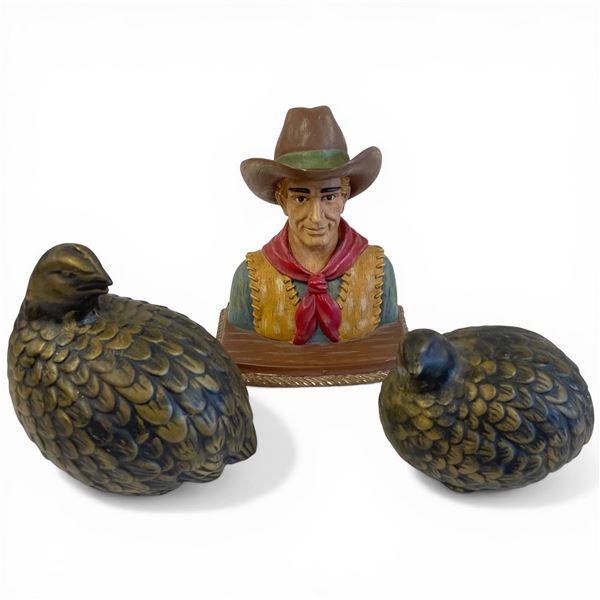 Painted Ceramic John Wayne Bust & 2 Ptarmigan Birds (John Wayne is  4" X 6" X 7" Tall)