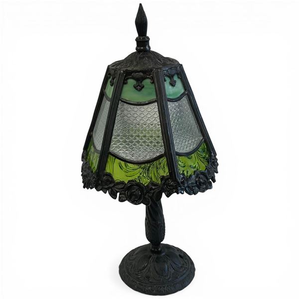 Vintage Style Glass Paneled Lamp with Cast Meatal Base (14" Tall X 8" Diameter Shade)