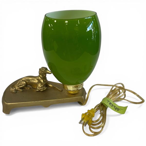 1960s Murano Glass Lamp,  Brass Base with Dog Figurine and Green Glass Shade with Opaline Interior