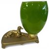 Image 2 : 1960s Murano Glass Lamp,  Brass Base with Dog Figurine and Green Glass Shade with Opaline Interior