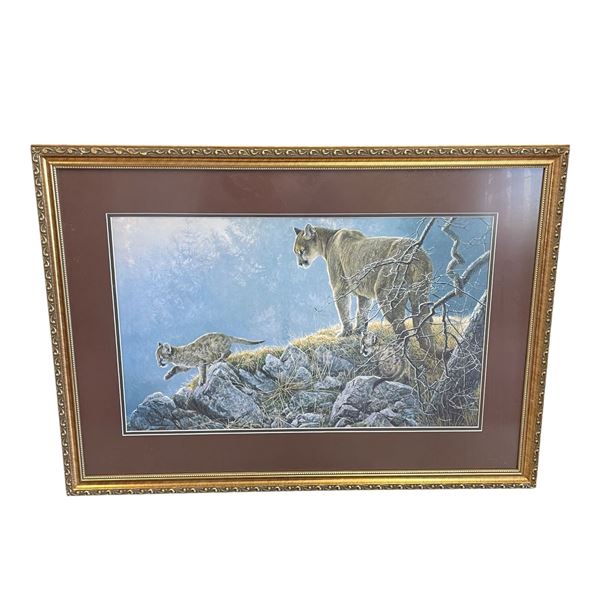 Robert Bateman "Excursion Cougar and Kits" (Double Matted in a 23" X 30" Frame)