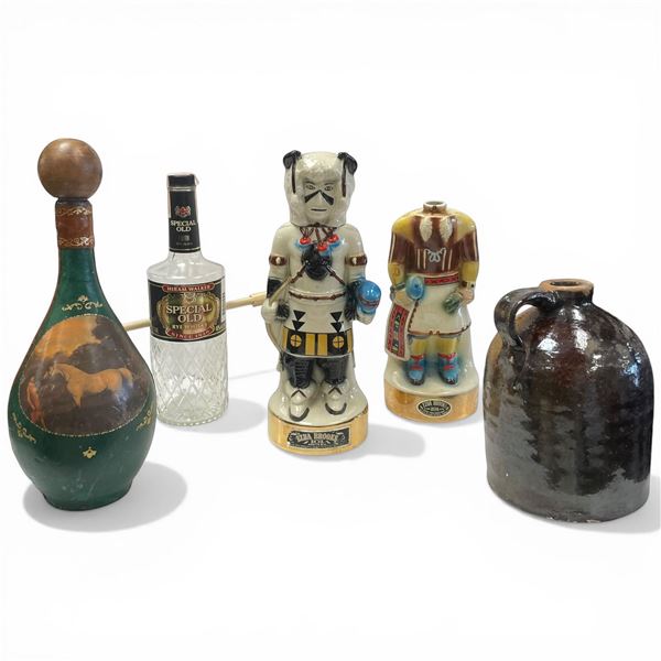 Group of Ezra Brooks Decanters, Pottery Jug, Leather Decanter & Hiram Walker Bottle (Empty)