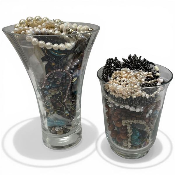 2 Glass Vases Full of Costume & Fashion Jewelry