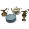 Image 1 : Wedgwood Etruria Saucers, China Teapot, 4.5" and 6" Brass Ewers